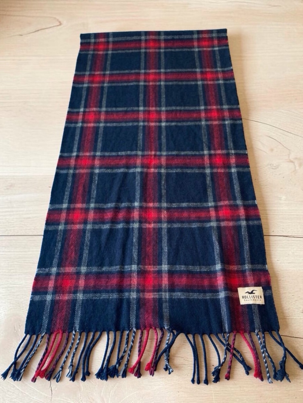Hollister Cozy Plaid Fringe Scarf in Navy & Red – 71” Long unisex